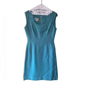 Late 1950s A‎ Leslie Fay Original Teal Lined Knit Beaded & Rhinestone Sleeveless